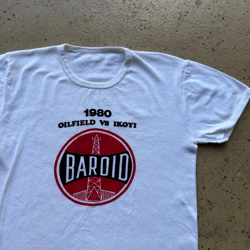 Vintage 1980 Baroid Oilfield vs Ikoyi T Shirt White Graphic Tee Medium Single St